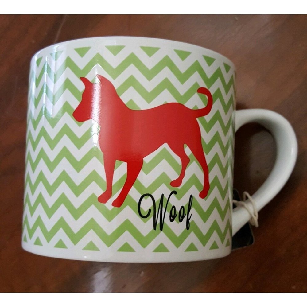 20 oz Woof Dog Lover Mug Lime Green Chevron Red Ceramic Rescue BLUE HARBOR